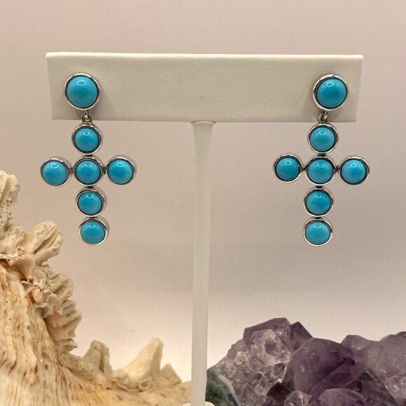Turquoise Sterling Silver Robins Egg Blue Pierced Cross Earrings KHR 925 J876 - Picture 2 of 6